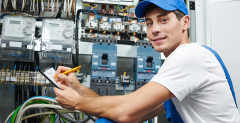 Ein Mann hockt vor einer Maschinenkasten und arbeitet an den elektronischen Geräten. Er macht sich Notizen und lacht dabei.